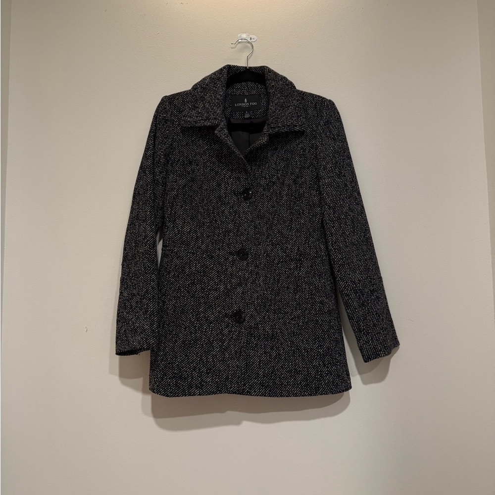 London Fog Wool Blend Coat – Size Small – Classic Black/Gray Tweed